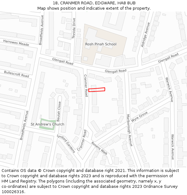 18, CRANMER ROAD, EDGWARE, HA8 8UB: Location map and indicative extent of plot