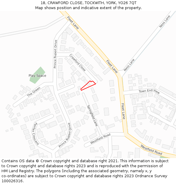 18, CRAWFORD CLOSE, TOCKWITH, YORK, YO26 7QT: Location map and indicative extent of plot