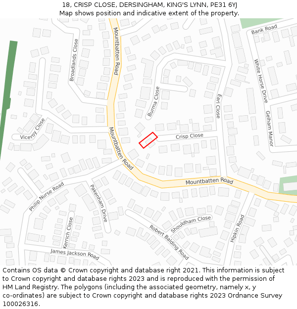 18, CRISP CLOSE, DERSINGHAM, KING'S LYNN, PE31 6YJ: Location map and indicative extent of plot
