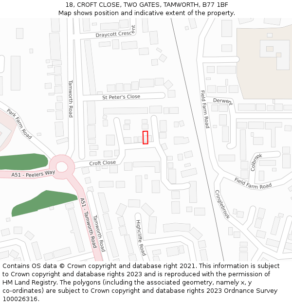 18, CROFT CLOSE, TWO GATES, TAMWORTH, B77 1BF: Location map and indicative extent of plot