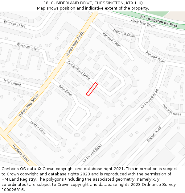 18, CUMBERLAND DRIVE, CHESSINGTON, KT9 1HQ: Location map and indicative extent of plot