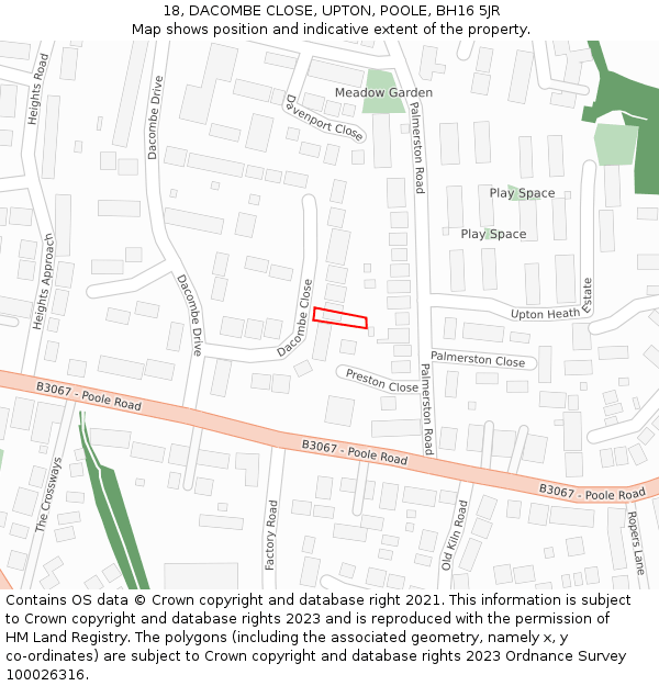 18, DACOMBE CLOSE, UPTON, POOLE, BH16 5JR: Location map and indicative extent of plot