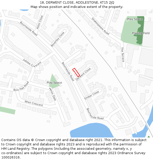 18, DERWENT CLOSE, ADDLESTONE, KT15 2JQ: Location map and indicative extent of plot