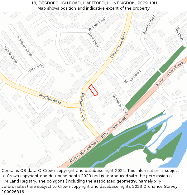 18, DESBOROUGH ROAD, HARTFORD, HUNTINGDON, PE29 1RU: Location map and indicative extent of plot