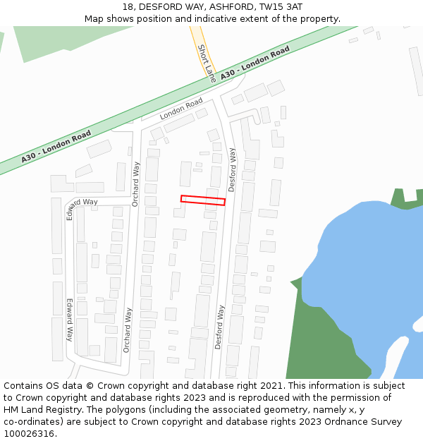 18, DESFORD WAY, ASHFORD, TW15 3AT: Location map and indicative extent of plot