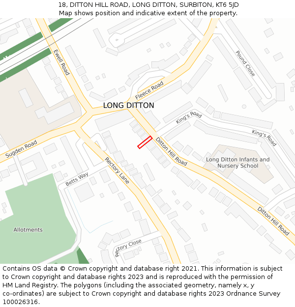 18, DITTON HILL ROAD, LONG DITTON, SURBITON, KT6 5JD: Location map and indicative extent of plot