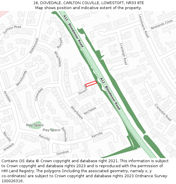 18, DOVEDALE, CARLTON COLVILLE, LOWESTOFT, NR33 8TE: Location map and indicative extent of plot