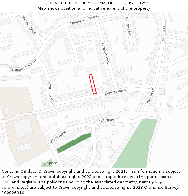 18, DUNSTER ROAD, KEYNSHAM, BRISTOL, BS31 1WZ: Location map and indicative extent of plot