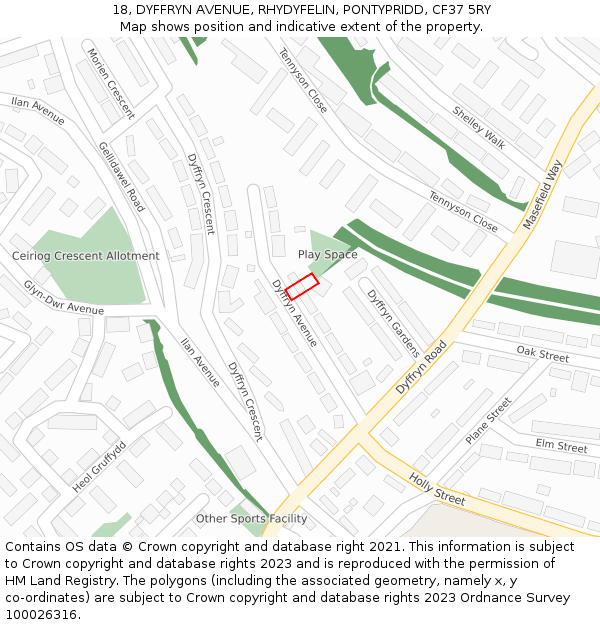 18, DYFFRYN AVENUE, RHYDYFELIN, PONTYPRIDD, CF37 5RY: Location map and indicative extent of plot