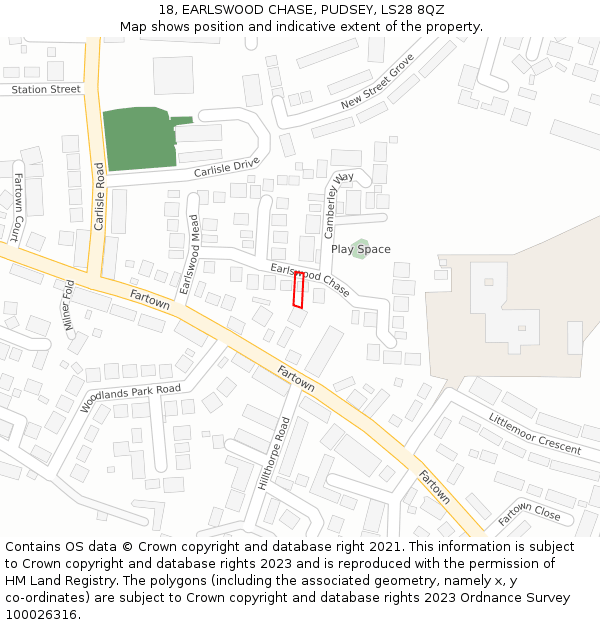 18, EARLSWOOD CHASE, PUDSEY, LS28 8QZ: Location map and indicative extent of plot