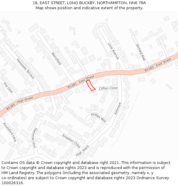 18, EAST STREET, LONG BUCKBY, NORTHAMPTON, NN6 7RA: Location map and indicative extent of plot