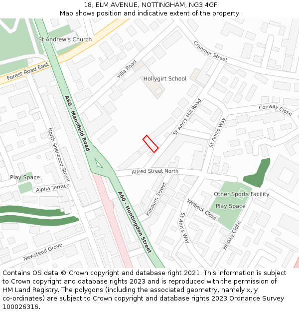 18, ELM AVENUE, NOTTINGHAM, NG3 4GF: Location map and indicative extent of plot