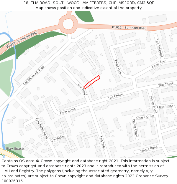 18, ELM ROAD, SOUTH WOODHAM FERRERS, CHELMSFORD, CM3 5QE: Location map and indicative extent of plot