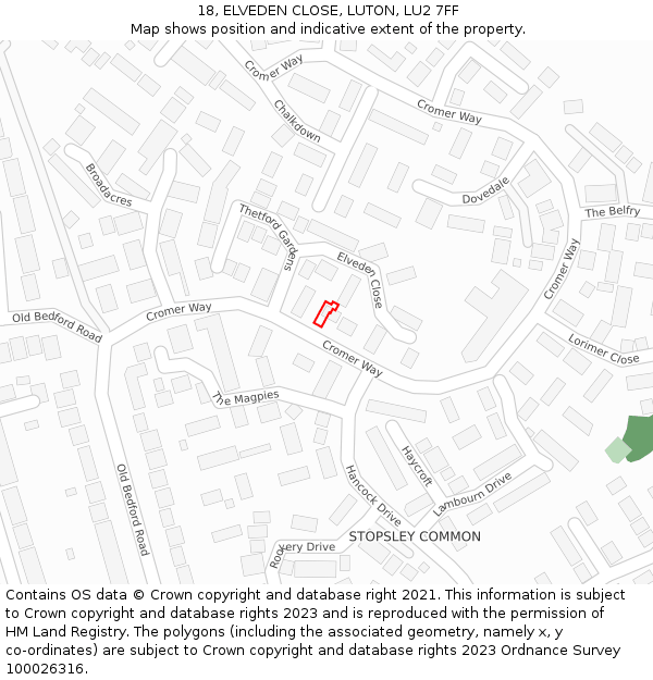 18, ELVEDEN CLOSE, LUTON, LU2 7FF: Location map and indicative extent of plot