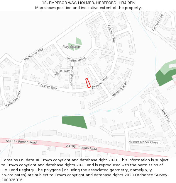 18, EMPEROR WAY, HOLMER, HEREFORD, HR4 9EN: Location map and indicative extent of plot