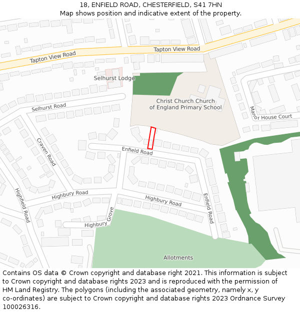 18, ENFIELD ROAD, CHESTERFIELD, S41 7HN: Location map and indicative extent of plot