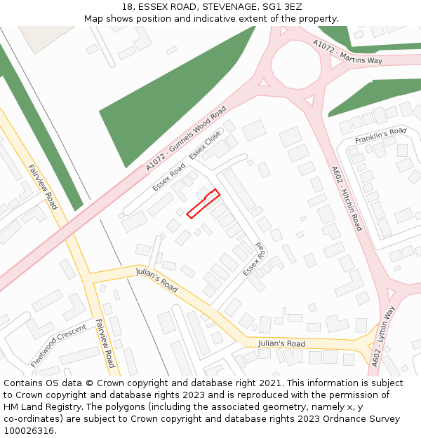 18, ESSEX ROAD, STEVENAGE, SG1 3EZ: Location map and indicative extent of plot