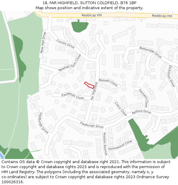 18, FAR HIGHFIELD, SUTTON COLDFIELD, B76 1BP: Location map and indicative extent of plot