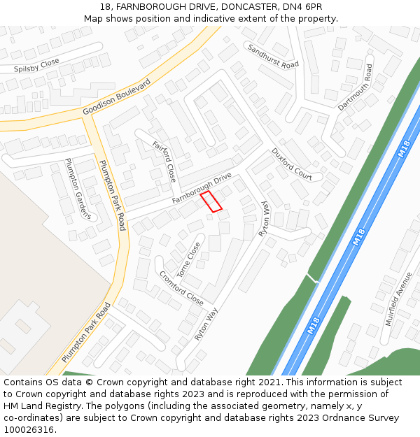 18, FARNBOROUGH DRIVE, DONCASTER, DN4 6PR: Location map and indicative extent of plot