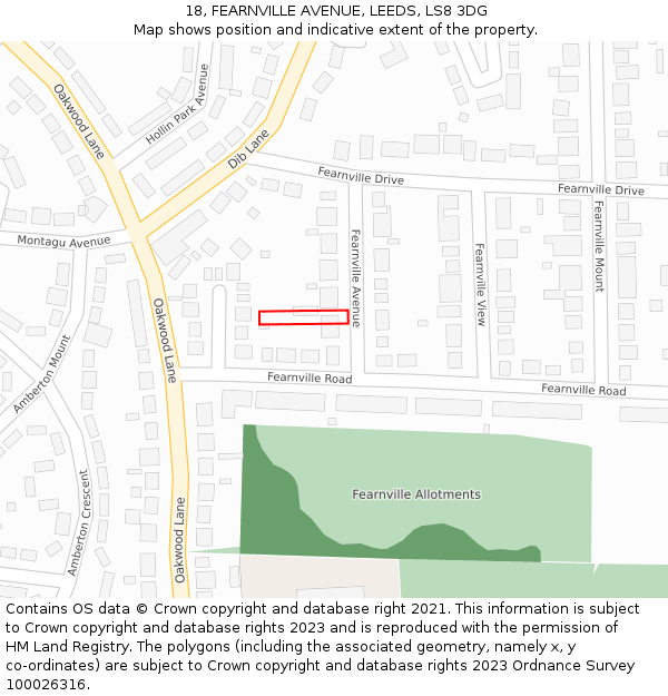18, FEARNVILLE AVENUE, LEEDS, LS8 3DG: Location map and indicative extent of plot