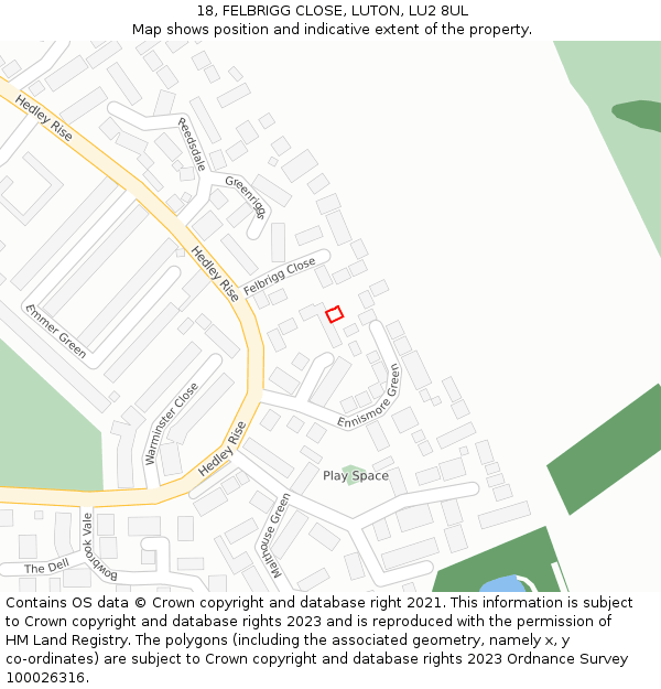 18, FELBRIGG CLOSE, LUTON, LU2 8UL: Location map and indicative extent of plot