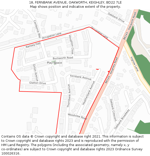 18, FERNBANK AVENUE, OAKWORTH, KEIGHLEY, BD22 7LE: Location map and indicative extent of plot