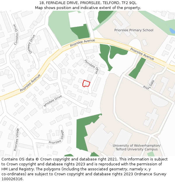 18, FERNDALE DRIVE, PRIORSLEE, TELFORD, TF2 9QL: Location map and indicative extent of plot