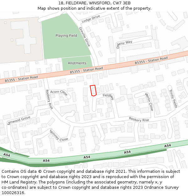 18, FIELDFARE, WINSFORD, CW7 3EB: Location map and indicative extent of plot