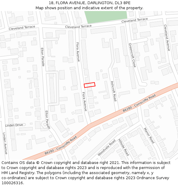 18, FLORA AVENUE, DARLINGTON, DL3 8PE: Location map and indicative extent of plot