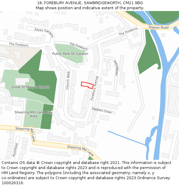 18, FOREBURY AVENUE, SAWBRIDGEWORTH, CM21 9BG: Location map and indicative extent of plot