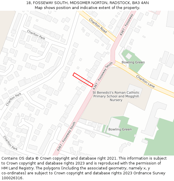 18, FOSSEWAY SOUTH, MIDSOMER NORTON, RADSTOCK, BA3 4AN: Location map and indicative extent of plot
