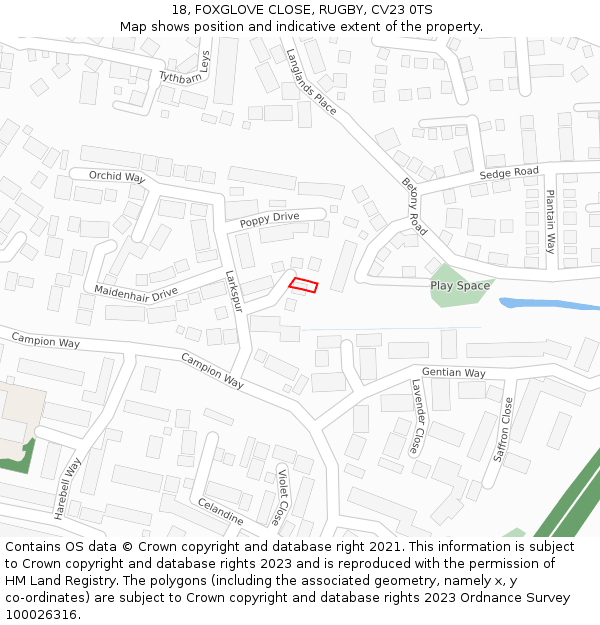 18, FOXGLOVE CLOSE, RUGBY, CV23 0TS: Location map and indicative extent of plot