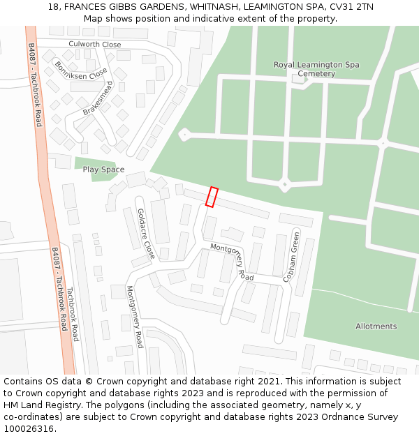 18, FRANCES GIBBS GARDENS, WHITNASH, LEAMINGTON SPA, CV31 2TN: Location map and indicative extent of plot
