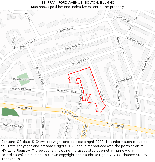 18, FRANKFORD AVENUE, BOLTON, BL1 6HQ: Location map and indicative extent of plot