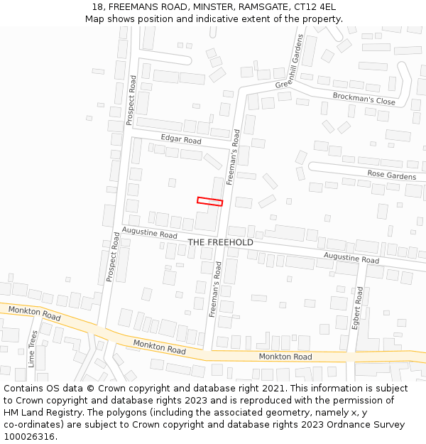 18, FREEMANS ROAD, MINSTER, RAMSGATE, CT12 4EL: Location map and indicative extent of plot