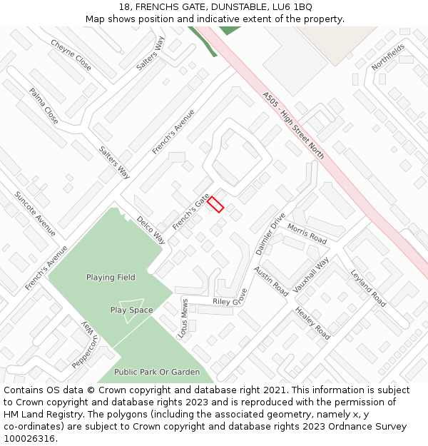 18, FRENCHS GATE, DUNSTABLE, LU6 1BQ: Location map and indicative extent of plot
