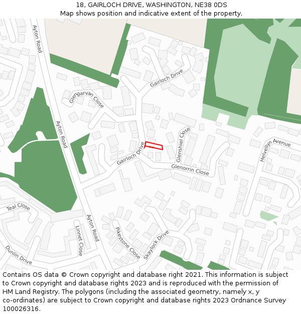18, GAIRLOCH DRIVE, WASHINGTON, NE38 0DS: Location map and indicative extent of plot