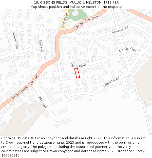 18, GIBBONS FIELDS, MULLION, HELSTON, TR12 7EA: Location map and indicative extent of plot