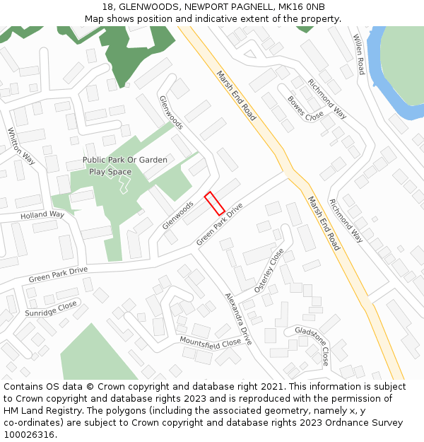 18, GLENWOODS, NEWPORT PAGNELL, MK16 0NB: Location map and indicative extent of plot
