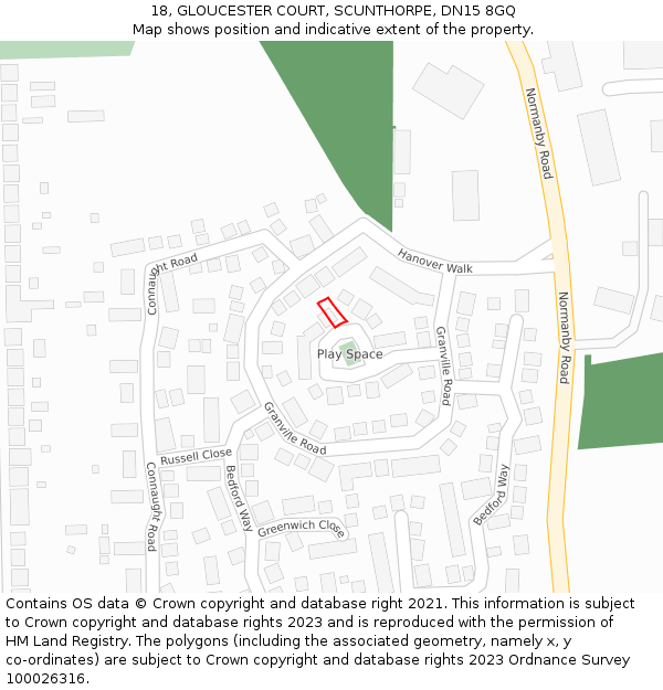 18, GLOUCESTER COURT, SCUNTHORPE, DN15 8GQ: Location map and indicative extent of plot