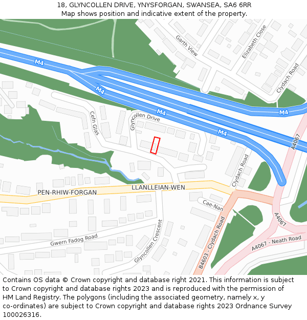 18, GLYNCOLLEN DRIVE, YNYSFORGAN, SWANSEA, SA6 6RR: Location map and indicative extent of plot