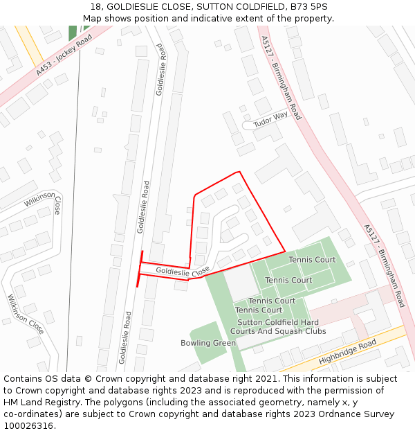 18, GOLDIESLIE CLOSE, SUTTON COLDFIELD, B73 5PS: Location map and indicative extent of plot