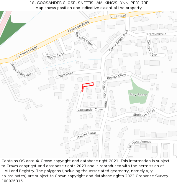 18, GOOSANDER CLOSE, SNETTISHAM, KING'S LYNN, PE31 7RF: Location map and indicative extent of plot