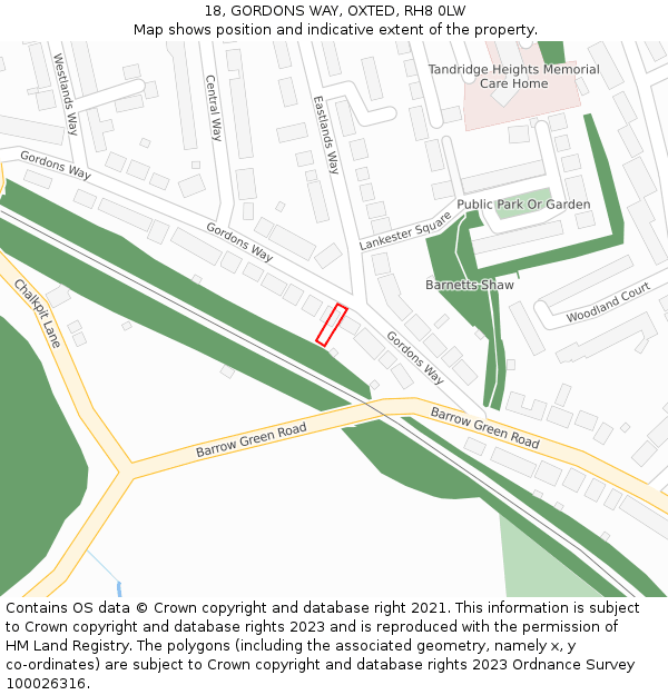 18, GORDONS WAY, OXTED, RH8 0LW: Location map and indicative extent of plot