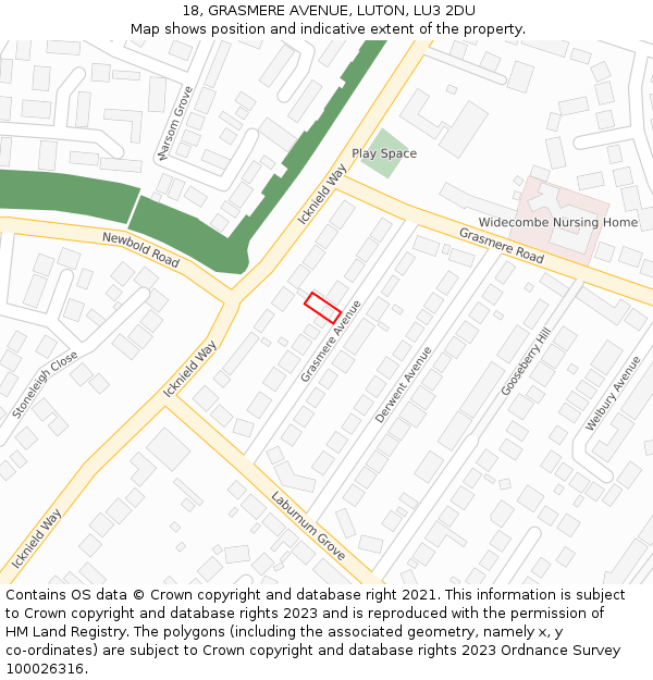 18, GRASMERE AVENUE, LUTON, LU3 2DU: Location map and indicative extent of plot
