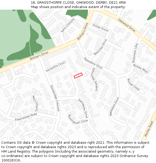 18, GRASSTHORPE CLOSE, OAKWOOD, DERBY, DE21 4RW: Location map and indicative extent of plot
