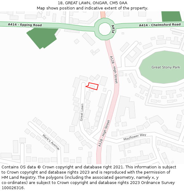18, GREAT LAWN, ONGAR, CM5 0AA: Location map and indicative extent of plot