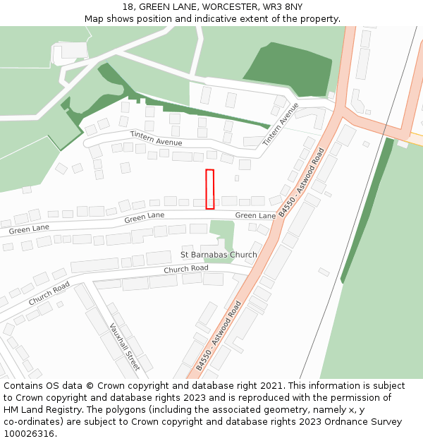 18, GREEN LANE, WORCESTER, WR3 8NY: Location map and indicative extent of plot
