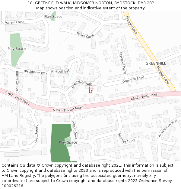 18, GREENFIELD WALK, MIDSOMER NORTON, RADSTOCK, BA3 2RP: Location map and indicative extent of plot