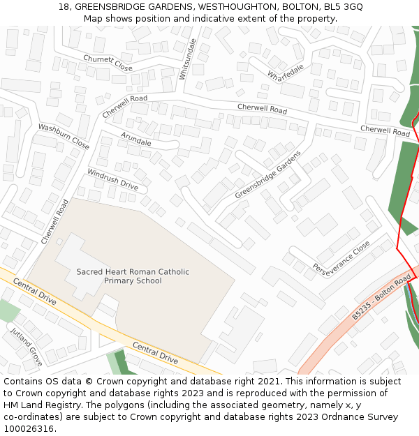 18, GREENSBRIDGE GARDENS, WESTHOUGHTON, BOLTON, BL5 3GQ: Location map and indicative extent of plot